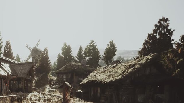 A village scene shows wooden houses with thatched roofs surrounded by tall trees. A windmill stands in the background under a clear sky. The light brightens the landscape.