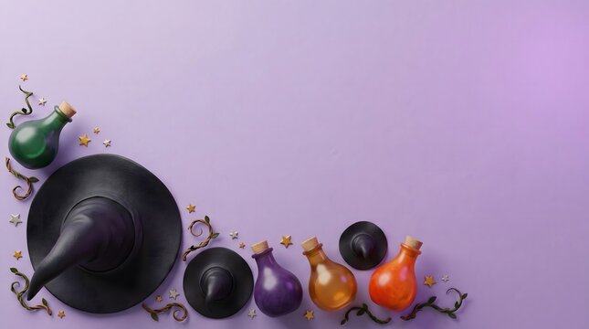 Festive 3d witch hat and potion background featuring colorful magic bottles and a black hat for halloween