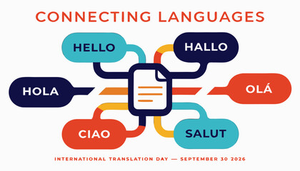 Colorful graphic design showing various greetings for international translation day celebration © Naymul