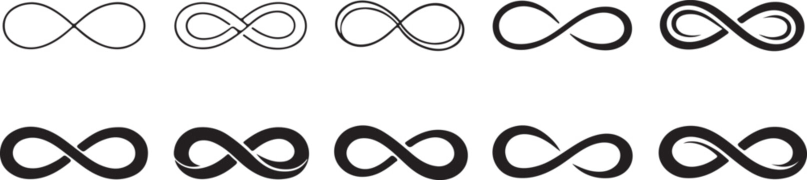 Different black infinity symbol icons set vector illustration isolated on white background.