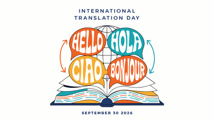 International translation day illustration featuring colorful speech bubbles and open book © Naymul