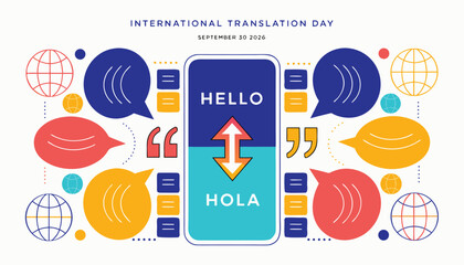 International translation day illustration featuring speech bubbles and mobile phone app © Naymul