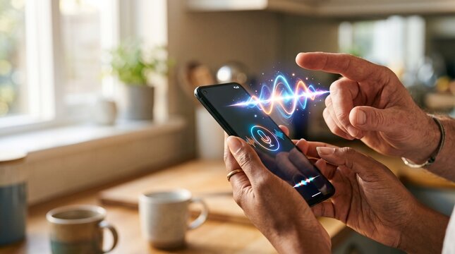 Voice Command Interaction: A close-up shot of a person's hands using a smartphone to activate a voice assistant, with a visual representation of sound waves emanating from the screen.