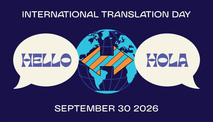 International translation day celebration graphic featuring blue globe and speech bubbles © Naymul