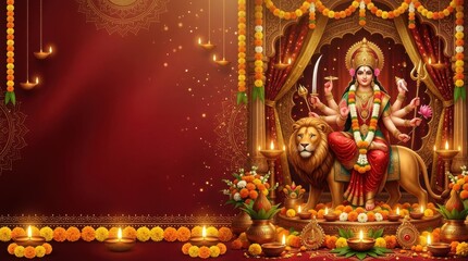 Fototapeta premium Goddess Durga idol with lion for Durga Puja festival celebration and religious background
