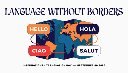 Colorful world map illustration celebrating international translation day with global greetings © Naymul