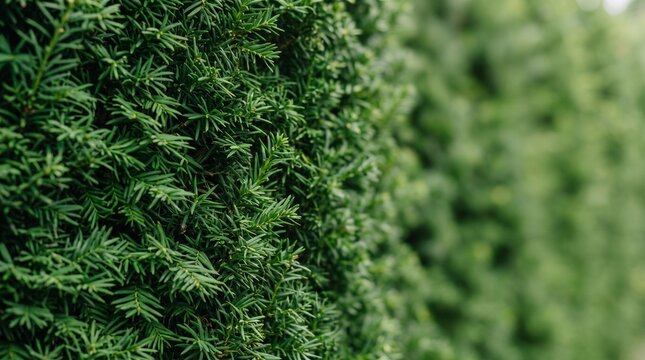 Green Evergreen Hedge: A lush, dense evergreen hedge with fine, needle-like leaves creates a natural border, showcasing vibrant green textures and depth.