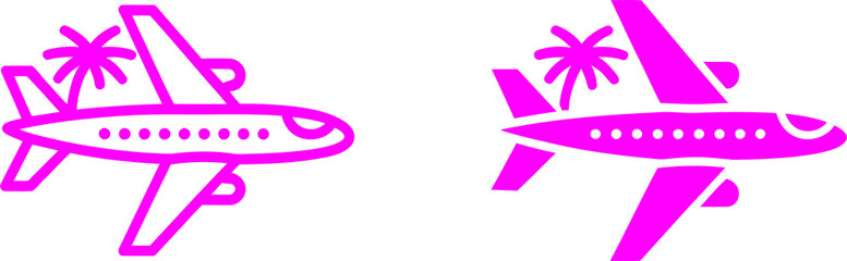 Two bright pink airplane icons featuring a tropical palm tree symbol for summer vacation travel and holiday themes transparent background © PNG 