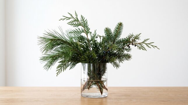 Winter Pine Arrangement: A simple yet elegant arrangement of fresh pine and fir branches in a clear glass vase, evoking the serene beauty of a winter forest.