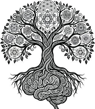 Intricate tree of life illustration with floral ornaments and geometric patterns