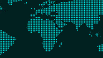 Dotted world map on dark teal background represents global network. Dotted world map for international technology lines. Dotted world map background for corporate logistics management. © Sabrix