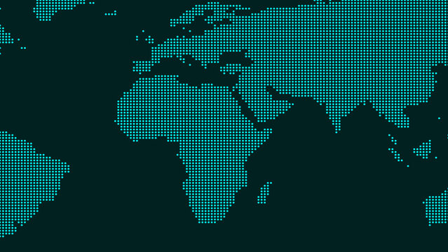 Dotted world map on dark teal background represents global network. Dotted world map for international technology lines. Dotted world map background for corporate logistics management.