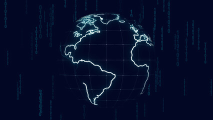 Naklejka premium Earth globe with binary code falling represents digital world technology. Earth globe for international data processing network. Earth globe background for cyber information systems.