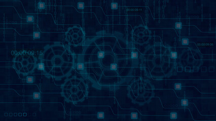 Fototapeta premium Digital network with gears and timer displays represents abstract technology. Digital network for computer data tracking systems. Digital network background for advanced computing info.