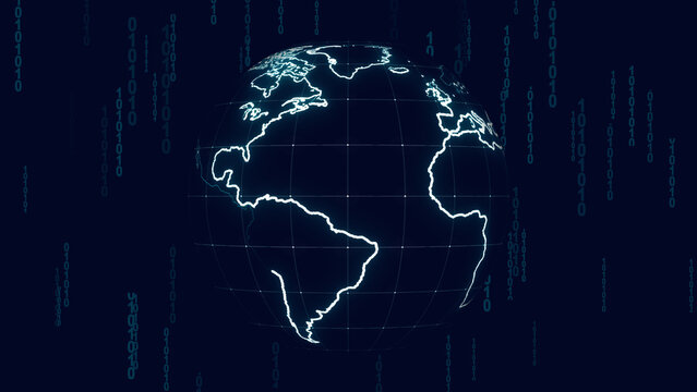 Earth globe with binary code falling represents digital world technology. Earth globe for international data processing network. Earth globe background for cyber information systems.