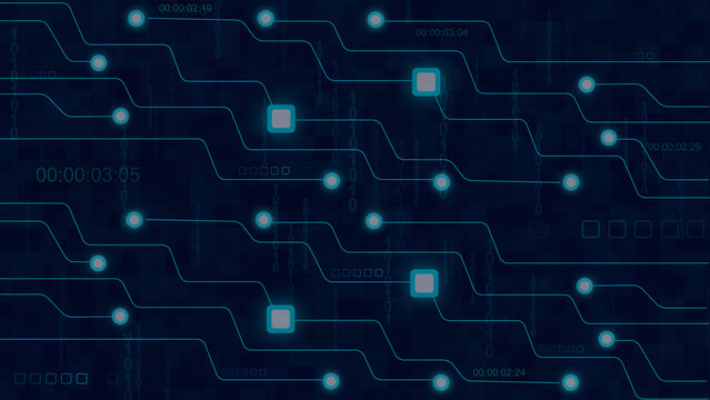 Digital network with glowing elements and timer displays represents technology. Digital network for computer data tracking systems. Digital network background for advanced computing info.