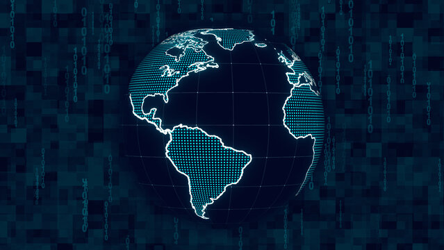Digital globe with binary code background represents earth technology data. Digital globe for international network processing. Digital globe background for cyber information systems.