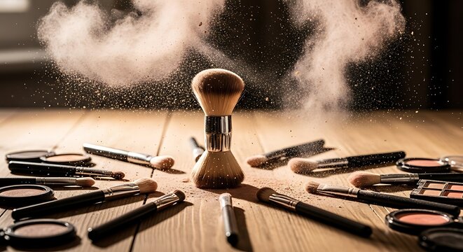 Professional makeup brushes arranged on a wooden table with a dynamic burst of facial powder