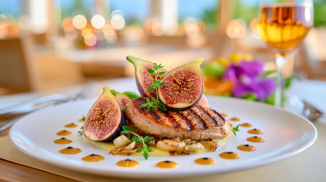 Michelin-style fine dining plate with seared foie gras, roasted black Mission figs, caramelized shallot pur&eacute;e, black pepper jus and fresh thyme on white porcelain.