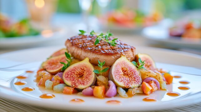 Michelin-style fine dining plate with seared foie gras, roasted black Mission figs, caramelized shallot pur&eacute;e, black pepper jus and fresh thyme on white porcelain.