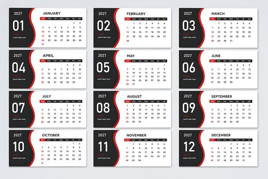 2027 calendar template set, modern monthly planner with red and black accents, professional 12 month annual schedule layout