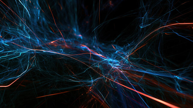 Abstract Blue Orange Energy Network Glowing Threads Digital Data Flow Futuristic Technology Dark Background Illustration