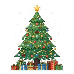 Naklejka premium Decorated christmas tree with gifts and falling snow