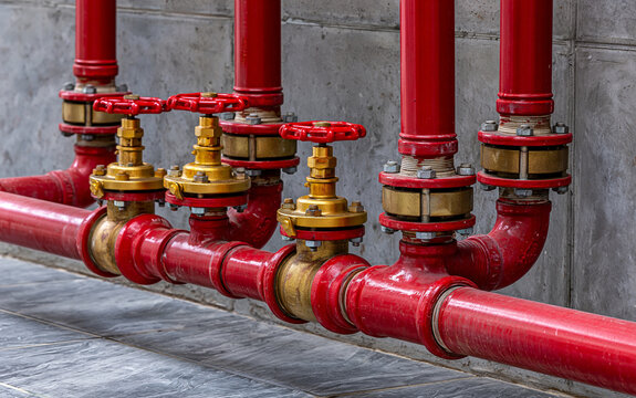 Industrial red pipe distribution network with circular brass stop valves for natural gas storage
