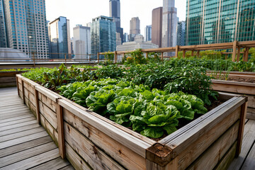 Fototapeta premium Rooftop urban garden in city raised vegetable beds with city