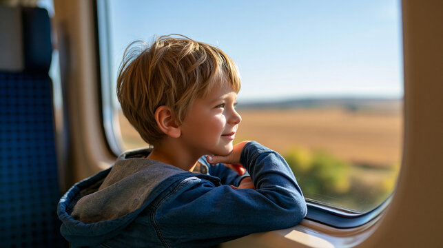 Child watching the passing landscape through a train window, peaceful travel, railway journey, family vacation, curiosity, with copy space