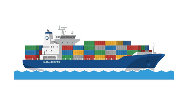 Cargo Ship Isolated On White Background, Container Transport, Logistics