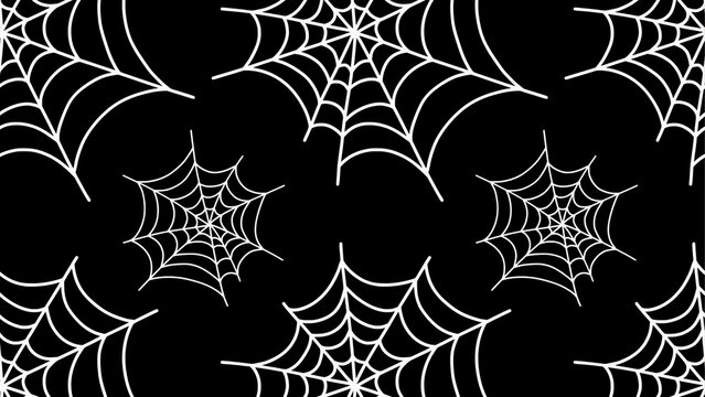 Spider web seamless pattern on black background. White cobweb texture for Halloween decor. Minimalist spooky graphic wallpaper.