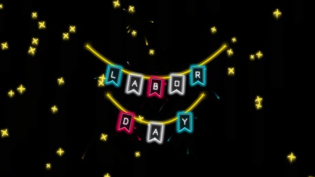 Neon style Labor Day celebration banner with glowing text letters suspended on strings with sparkling stars