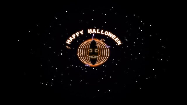 Neon style Happy Halloween greeting card design with glowing pumpkin and flying bats