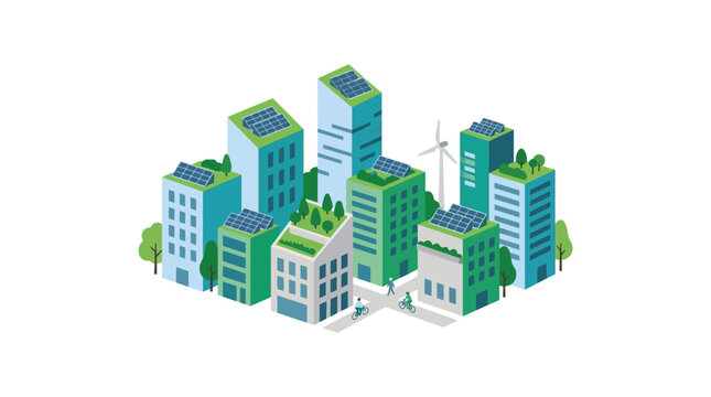 Eco Cityscape: Sustainable Buildings with Solar Panels and Green Roofs