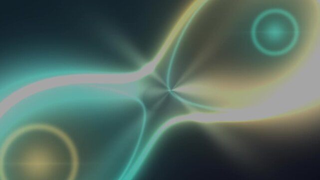 A giant gold Cassini lobe crops the frame as ice-white current races a deep pinch into a smaller teal lobe, two unequal luminous wells holding the foci in a seamless 4K optical technology loop.