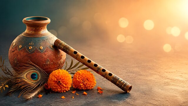Traditional indian clay pot with bamboo flute and marigold flowers for celebration