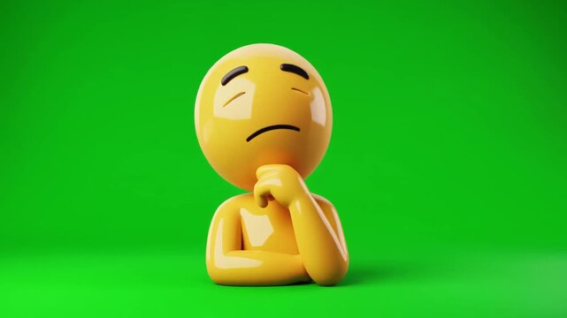 Yellow thinking emoji character contemplating with hand on chin against a green screen backdrop