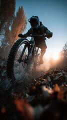 Fototapeta premium Dynamic low angle shot of a mountain biker riding through a muddy autumn forest trail during golden hour sunset.