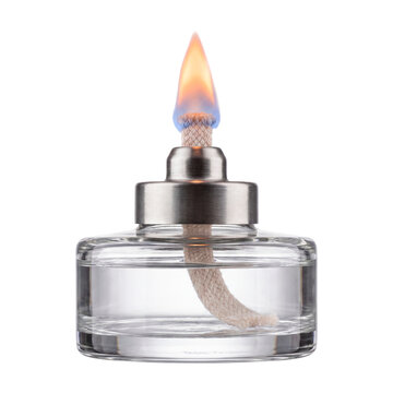 Alcohol burner isolated on a transparent or white background. Essential glass heating equipment for chemical laboratory experiments, scientific research and educational biology class.