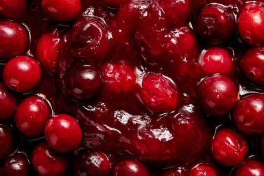 Cranberries and sauce combined on a surface showing natural textures and colors during the preparation of a dish