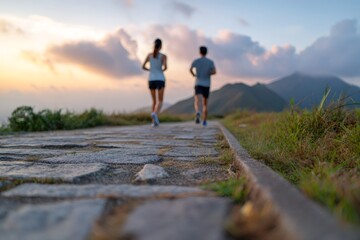 Obraz premium Stone trail with a couple jogging in the mountains at sunset. Outdoor fitness and active lifestyle. Focus on the path with blurred runners in the background