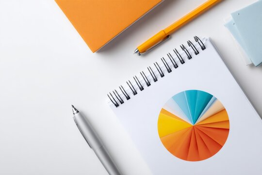 Flat lay of an office desk with a notebook showing a pie chart. Business planning and data analysis concept. Top view of workspace with copy space
