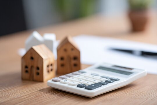 Mortgage calculator and small wooden houses on office desk. Real estate investment and home loan planning concept