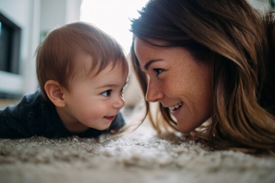 Side view of happy mother and baby looking at each other on floor. Mom and child bonding moment