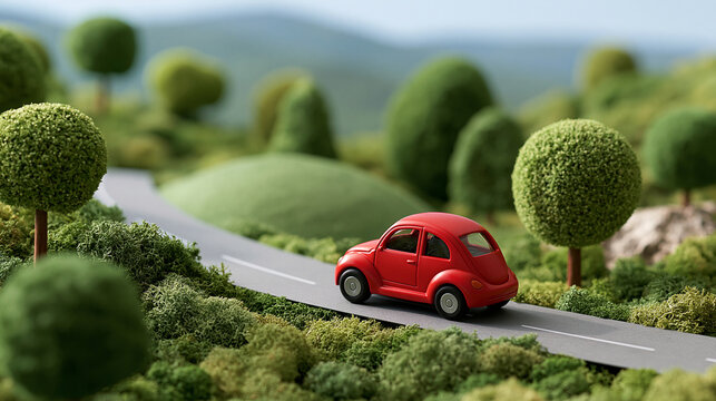 Red toy car driving across a handcrafted miniature landscape, creative travel concept, transportation, road trip, with copy space