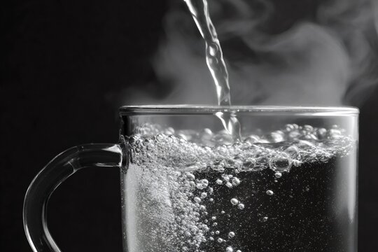 Pouring hot boiling water into a transparent glass mug. Close-up of a clear cup with steam and bubbles on a dark background. Preparing a hot beverage concept