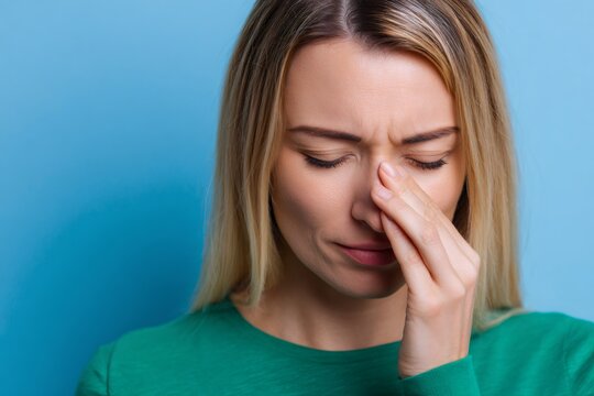 Woman suffering from a painful headache or migraine. Stressed young female with sinus pressure and eye strain against a blue background