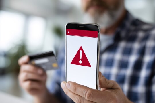 Man holding credit card and smartphone with a red warning screen. Online payment failure or banking security alert