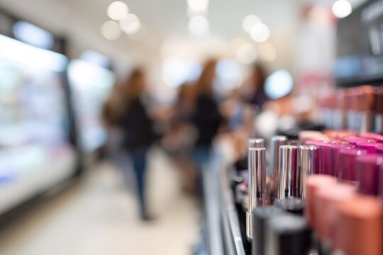 Close-up view of silver cosmetic tubes on a shelf. Blurred background of a modern beauty shop with customers